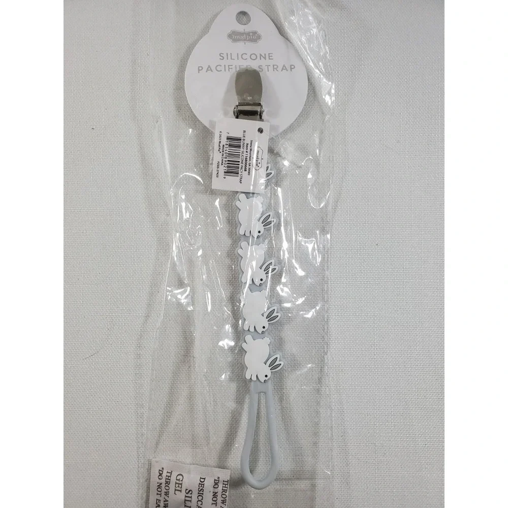 Mud Pie Bunny Silicone Pacifier Strap Clip Gray BPA Free Baby Paci Holder NEW